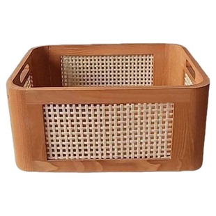 桌面藤编收纳筐原木风高档书本收纳盒玄关茶几客厅零食杂物置物篮