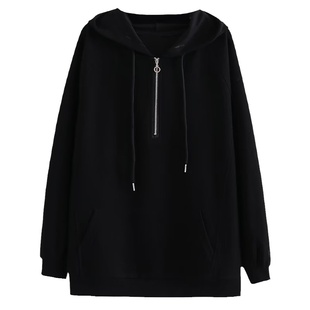 宛宛大码套头半拉链设计感连帽短款卫衣女秋冬胖mm长袖上衣外套女
