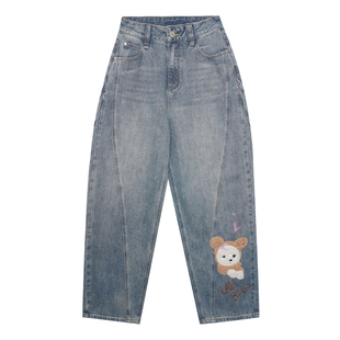 【商场同款】LALABOBO25年冬新款弯刀裤女原创小狗印花宽松牛仔裤