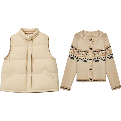 DM100大码百分百女装微胖mm秋冬复古立领棉服马甲费尔岛毛衣套装