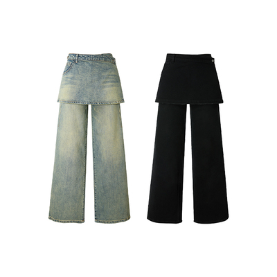 Uena水洗做旧一衣多穿直筒牛仔裤