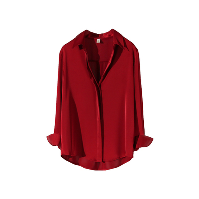高级感红色缎面衬衫女长袖