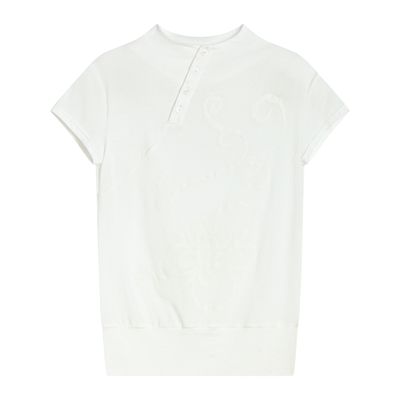 unnone item 兰精天丝发泡印花斜领短袖T恤女夏季设计感正肩上衣