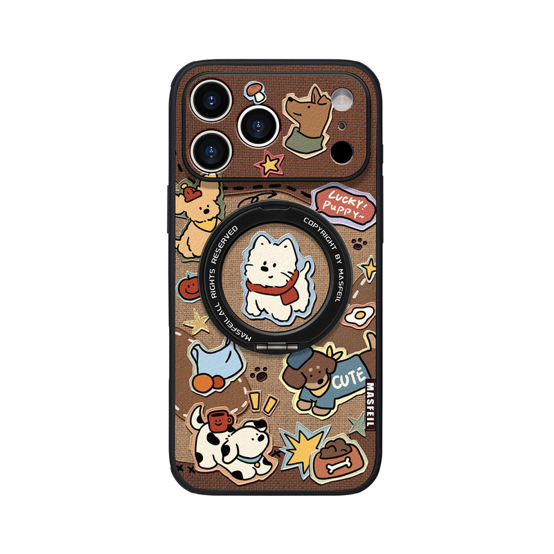 ZHIZHE×拼贴小狗适用iPhone17Promax手机壳新款ip15磁吸带支架苹果16Pro套Ho5支点豹纹高级13pm全包冬