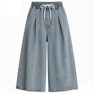 新款2025年大码女装松紧腰牛仔七分裤女夏季小个子胖mm阔腿裤中裤