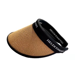 日本新款uv防晒帽夏季防紫外线草编空顶帽发箍太阳帽黑胶遮阳草帽