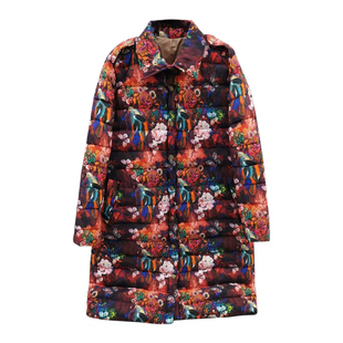 拜占庭的森林桑蚕丝印花色羽绒服女冬季保暖中长款过膝白鸭绒外套