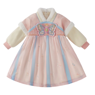 [元旦新年款]国风汉服女童裙子加绒连衣裙唐装拜年服红色儿童冬装