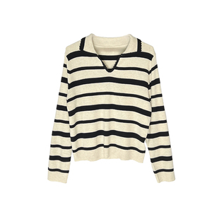 ding级格调！~花边Polo领条纹针织衫女2026新款蚕丝羊毛长袖毛衣
