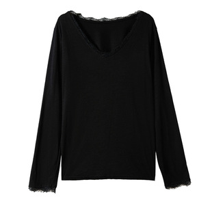 春秋纯棉内搭v领蕾丝花边宽松长袖t恤女韩系慵懒风打底衫上衣新款