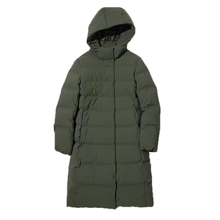 优冬季女装无缝羽绒服女过膝长款连帽保暖简约墨绿色外套439720