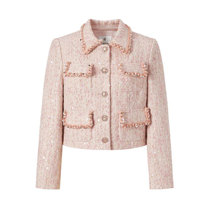 商场同款 摩萨克冬小香风绣珠片翻领重工钉珠短外套女