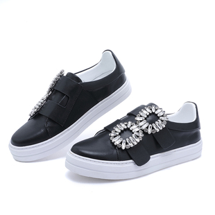 春秋新款双带水钻RV方扣一脚蹬休闲小白鞋厚底女单鞋乐福真皮女鞋