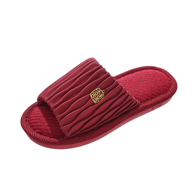 新款高档皮质亚麻结婚红拖鞋一对