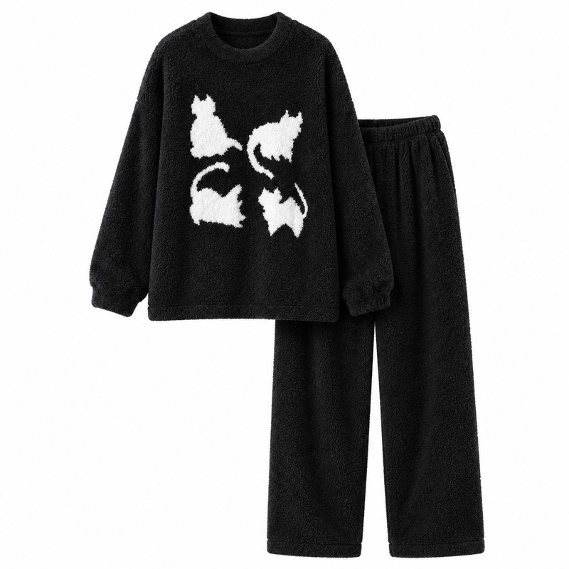 猫人半边绒新款睡衣情侣秋冬季加厚加绒休闲保暖家居服套装可外穿