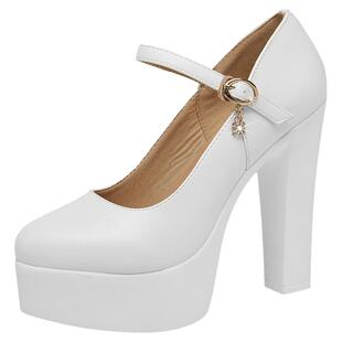 牛皮卷13cm超高跟尖头鞋粗跟高跟鞋防水台白色旗袍鞋模特走秀单鞋