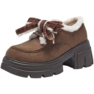 热风厚底乐福鞋女鞋2025年冬季新款复古增高休闲鞋加绒粗跟鞋子