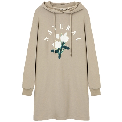 布景连衣裙女冬季新品简约连帽刺绣印花宽松长袖中长款卫衣裙1510