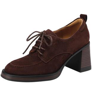 复古棕色小皮鞋羊反绒皮乐福鞋系带圆头粗跟真皮高跟鞋深口单鞋女