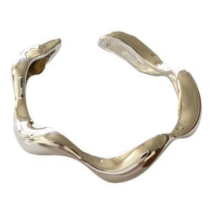 S925纯银戒指女款个性时尚几何波浪开口戒指简约食指指环珍珠尾戒