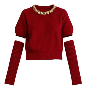 DPLAY【轻奢闪钻系列】含羊毛红色毛衣针织衫新款女新年针织上衣