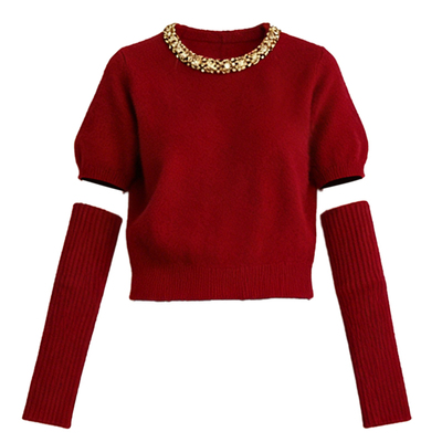 DPLAY红色毛衣钻领袖套毛衣