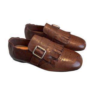 复古加绒羊皮手工雕花小皮鞋2025新款英伦风流苏单鞋增高乐福鞋女