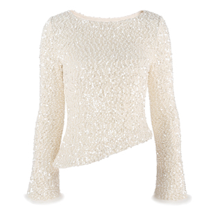 韩语琳长袖衬衫2025新款女轻奢高级感打底衫短款修身亮片套头上衣