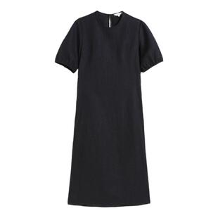 蒲PUKKA 极简风亚麻圆领收腰显瘦短袖连衣裙夏季新款通勤女装
