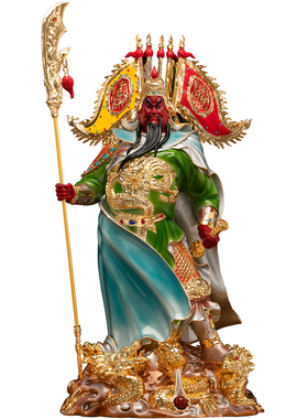 纯铜釉彩武财神关公神像摆件