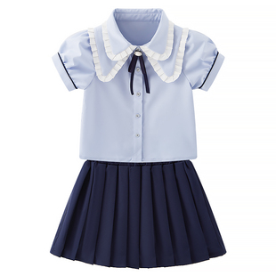 小学生毕业典礼英伦风短袖套装蓝色学院风班服幼儿园毕业照演出服