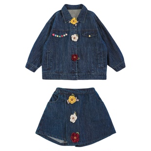 幼悠女童摩登复古风牛仔套装2026春秋甜美俏皮牛仔外套假两件裙裤