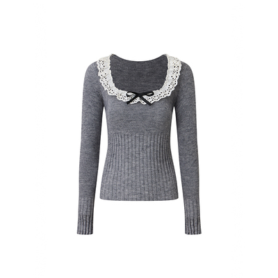 法式格雷系荷叶边大方领针织上衣