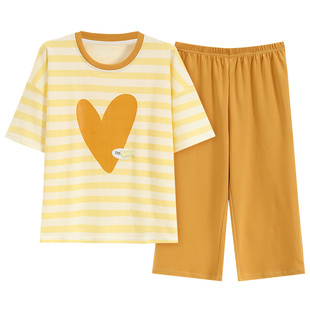 宜而爽春夏季短袖七分裤睡衣女纯棉舒适透气薄款休闲家居服套装