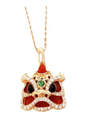 国潮舞狮项链女纯银镀黄金色红玛瑙国风醒狮麒麟民族风锁骨链高级
