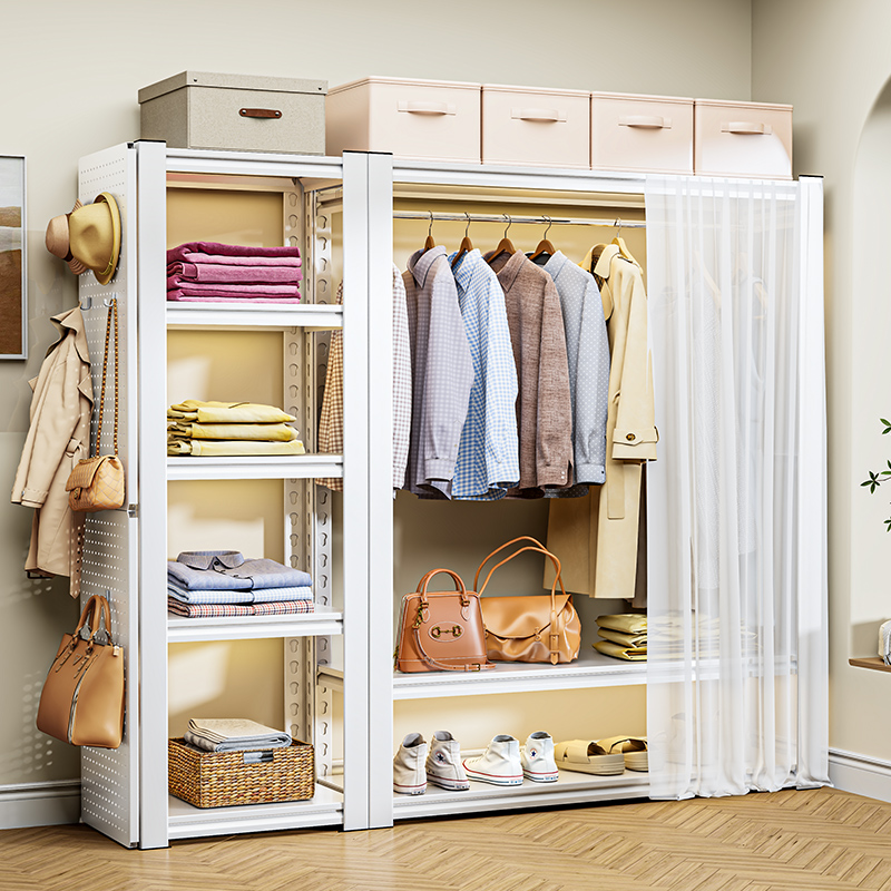 货架衣柜家用卧室出租房衣物收纳简易组装落地洞洞板金属角钢衣架