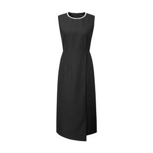 颜域黑色背心连衣裙女2026春季新款收腰显瘦职业开叉不对称长裙子