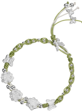 纯银莲花蝴蝶手链绿色编织手绳