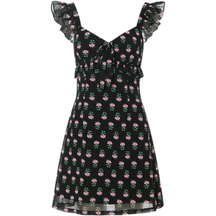 sincethen 法式风黑色裙子春季碎花吊带裙短裙小个子连衣裙女春夏