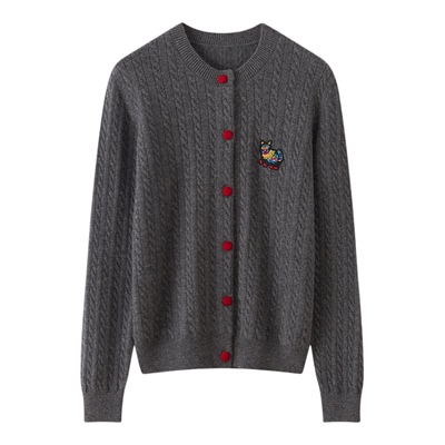 2025秋冬新款100%山羊绒开衫女圆领刺绣针织外套宽松毛衣打底上衣