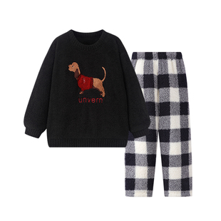 男士睡衣秋冬款半边绒冬季珊瑚绒卡通圆领青少年可外穿家居服套装