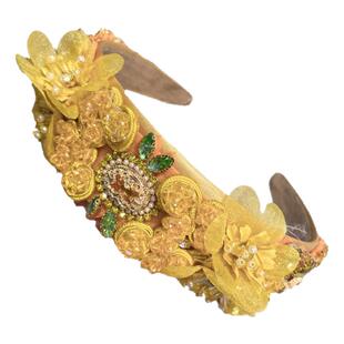 复古黄色镶钻花朵发箍女高级感水晶发卡女宽边带齿蕾丝花布艺头箍