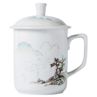 手绘玲珑办公杯景德镇白瓷粉彩茶杯陶瓷家用带盖水杯大号泡茶杯子