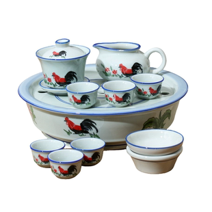 复古公鸡潮汕功夫茶具套装青花瓷釉下彩陶瓷茶杯家用冲泡茶壶全套