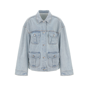 wana try多口袋浅蓝色牛仔外套2026春季新款纯棉休闲百搭女款上衣