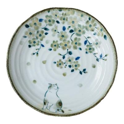 日本进口千代源花见猫大深盘小平盘釉下彩陶瓷樱花饭碗浅口碗钵碗
