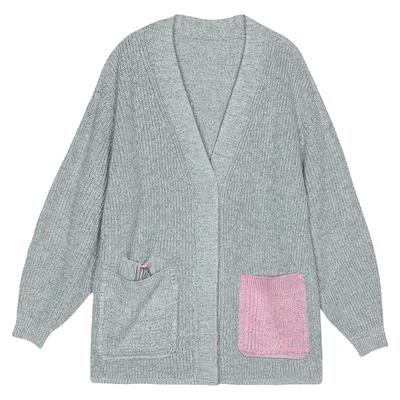 谜底中长款针织开衫2025春俏皮软语V领大口袋拼接毛衫女251MZ0317