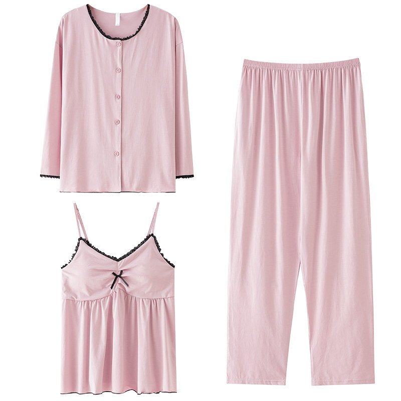 莫代尔睡衣女三件套带胸垫家居服
