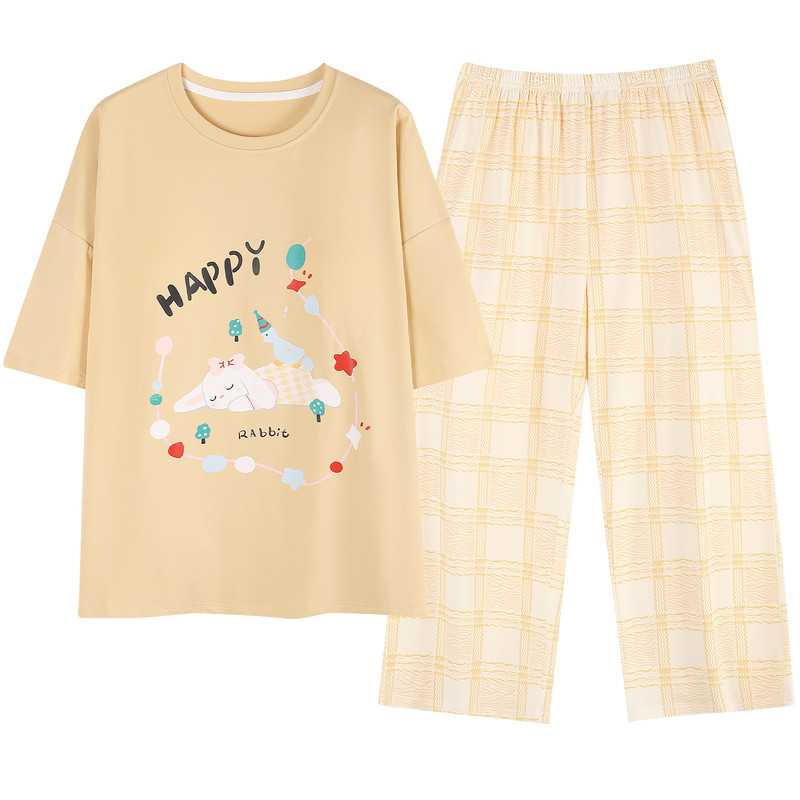 纯棉女夏短袖七分裤睡衣家居服