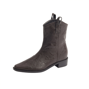 羊皮版~粗跟内增高短靴女2025新款秋冬加绒瘦瘦靴尖头小个子靴子